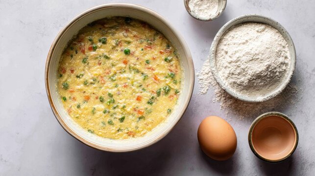 Homemade baking ingredients and batter preparation in a kitchen setting