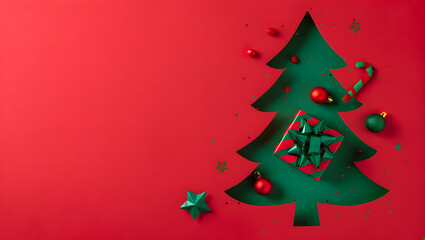 Christmas flat lay with green tree cutout, red and green ornaments, candy cane and gift box on red background