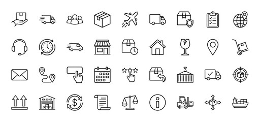 Fototapeta premium Logistics and delivery line icon set. Vector pictograms of shipping box, truck, warehouse, and plane, thin outline illustration.