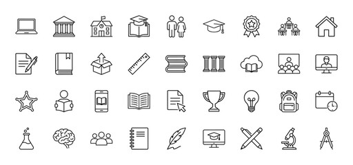 Fototapeta premium Education line icon set. Vector pictograms of laptop, book, graduate cap, diploma, and laboratory flask, thin outline illustration.
