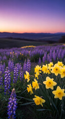 Fototapeta premium Field of yellow daffodil and purple lupine flowers under a colorful sky at sunset, representing nature's beauty and tranquility, perfect for scenery concepts