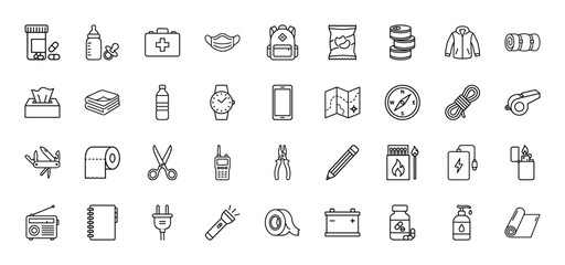 Survival and emergency preparedness line icon set. Vector pictograms of first aid, backpack, flashlight, map, compass, knife, radio and matches, thin outline illustration.