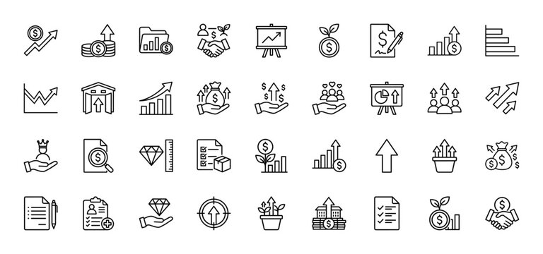Finance and investment line icon set. Vector pictograms of growing charts, money bags, handshake, and planning documents, thin outline illustration.
