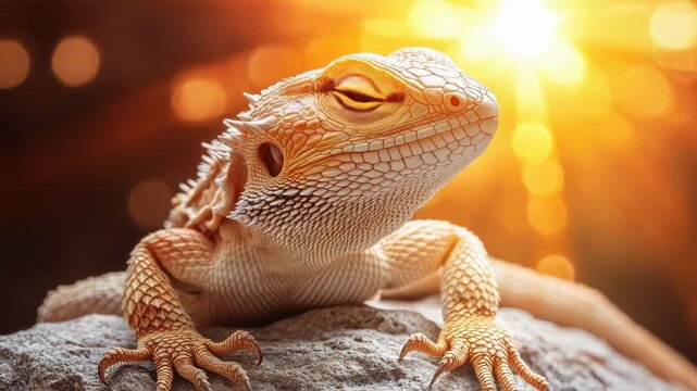Video A close-up shot of a lizard sitting on a rock, its scaly skin and sharp claws visible
