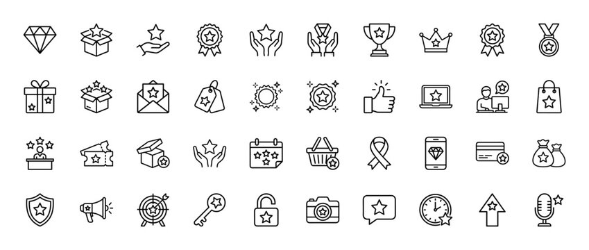 Rewards and loyalty program line icon set. Vector pictograms of diamond, trophy, medal, gift, certificate, star, and coupon, thin outline illustration.