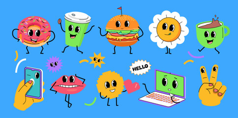 Funny colorful stickers cartoon characters for modern lifestyle