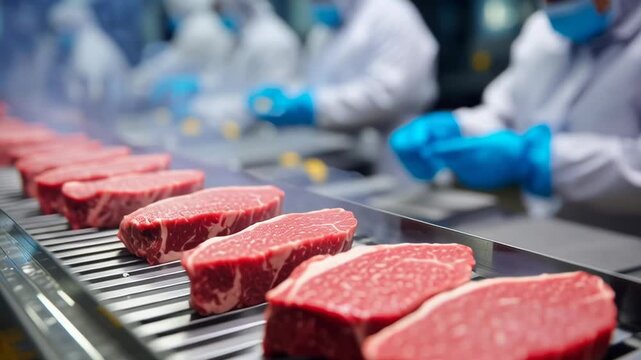A group of people are working on a conveyor belt with meat on it. The meat is being processed and the workers are wearing gloves. The scene is industrial and focused on the production of meat