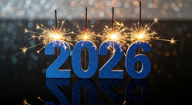 Sparkling glittered blue number "2026" with sparklers, displayed on reflective surface. Symbolizes upcoming year, celebration, and festive spirit