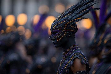 carnival celebration, colorful mardi gras parade with lively masks, beads, feathers, and jazz creates a festive atmosphere with vibrant energy