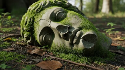 Broken stone head of a classical Greek or Roman statue overgrown with green moss on a forest floor.