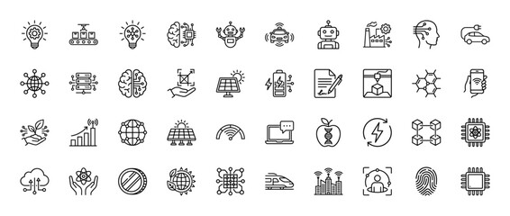 Future technology line icon set. Vector pictograms of artificial intelligence, solar energy, robotics, and blockchain, thin outline illustration.