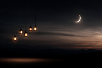 ramadan decorations, crescent moon and lanterns softly glowing, serene night sky, peaceful spiritual mood during ramadan