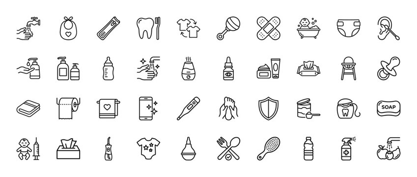 Baby and hygiene care line icon set. vector pictograms of feeding bottle, diaper, thermometer, pacifier, and toothbrush, thin outline illustration.
