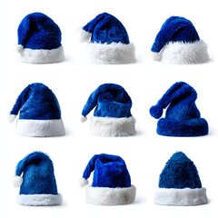 Nine unique blue plush Santa Claus hats in a grid arrangement, isolated on a clean white background. Various angles for modern Christmas design, winter parties, and non-traditional holiday concepts.