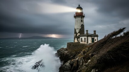 Dramatic lighthouse on a rocky cliff during a powerful ocean storm with crashing waves and lightning in the dark sky.