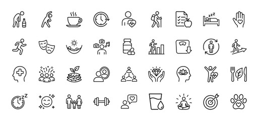 Healthy lifestyle and wellness line icon set. vector pictograms of sleep, meditation, fitness, diet, and mental health, thin outline illustration.
