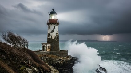 Dramatic lighthouse on a rocky cliff during a powerful ocean storm with crashing waves and lightning in the dark sky.