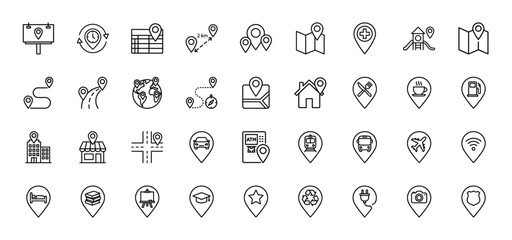 Navigation and location line icon set. Vector pictograms of map, route, building, transport, and service pin pointers, thin outline illustration.