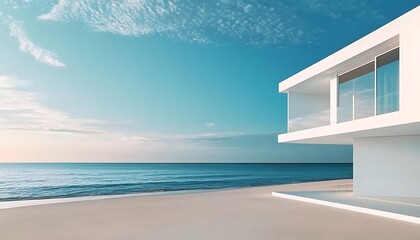 Fototapeta premium Minimalist modern architecture house on ocean beach with calm waters scenery