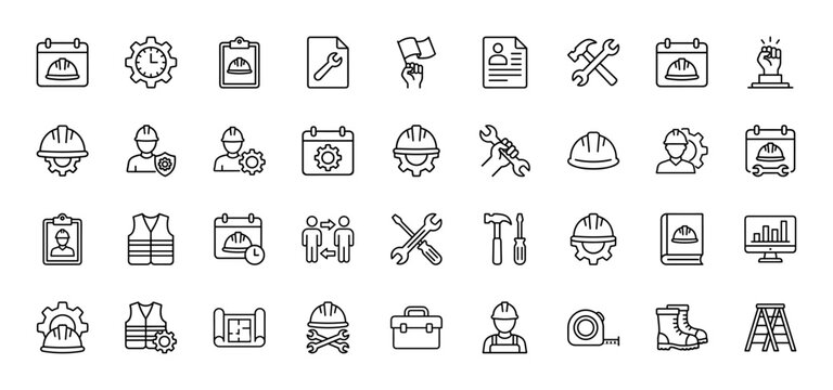 Construction and engineering line icon set. Vector pictograms of worker, hard hat, tools, blueprints, and calendar, thin outline illustration.
