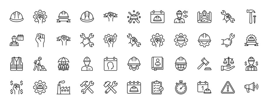 Labor day and construction line icon set. Vector pictograms of safety helmet, gear, calendar, tools, and worker, thin outline illustration.