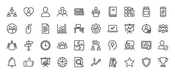 Fototapeta premium Business and education line icon set. Vector pictograms of teamwork, strategy, learning, and success, thin outline illustration.