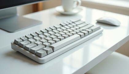 A minimalist white mechanical keyboard on a clean desk with a monitor and a coffee cup – Modern workspace organization with bright natural light.