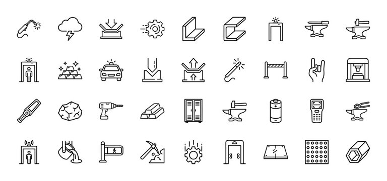 Industrial and manufacturing line icon set. Vector pictograms of welding torch, metal plate, gear, anvil, gold bars, and factory machinery, thin outline illustration.