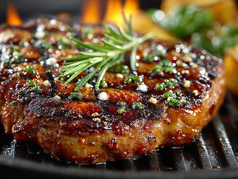 seared steaks on a grill, glowing with fire beneath them. The steaks are garnished with a green herb sauce, and the grill marks and sear lines indicate they have been cooked over an open flame.