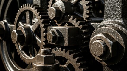Close-up of complex vintage industrial metal gears and mechanical machinery parts in warm sepia tones.