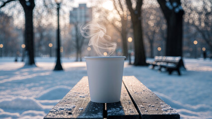 Hot Drink in Paper Cup on Snowy Park Bench in Winter Morning