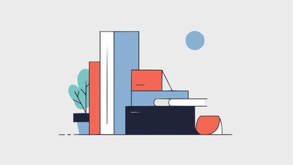 Bookshelf illustration with books plant and circle graphic design art brazil ceara