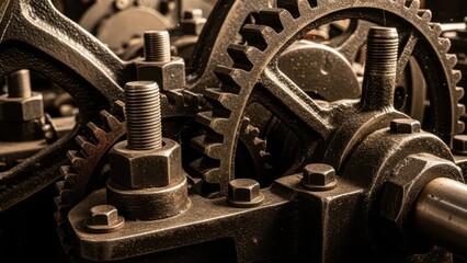 Close-up of complex vintage industrial metal gears and mechanical machinery parts in warm sepia tones.