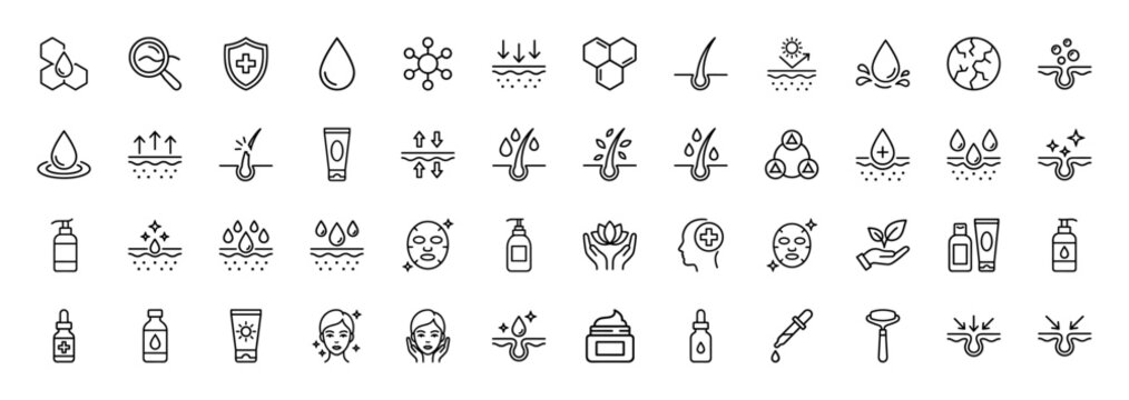 Skincare and beauty product line icon set. Vector pictograms of moisture, protection, drop, hair, serum, and cream, thin outline illustration.
