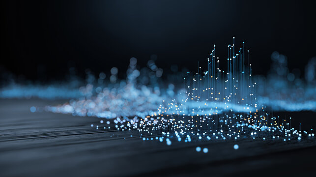 High-end close-up of a holographic scatter plot floating above a matte desk, each data point glowing softly with depth of field blur, representing performance tracking and complex business analytics.