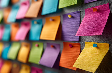 Close-up of wall covered colorful Post-it Notes. Idea generation, creative communication, brainstorming concept. Sticky notes, reminder, business, team work, project planning, data management.