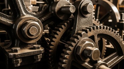 Close-up of complex vintage industrial metal gears and mechanical machinery parts in warm sepia tones.