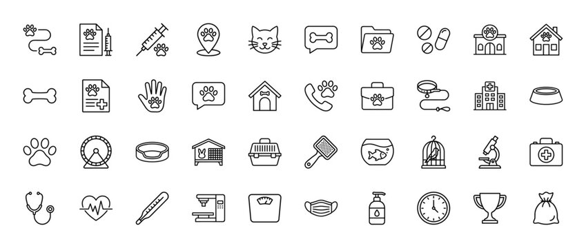 Veterinary medicine and pet care line icon set. Vector pictograms of syringe, stethoscope, pet house, bone, and food bowl, thin outline illustration.
