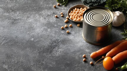 Healthy eating with canned chickpeas and fresh vegetables on rustic table