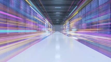 Abstract digital data flow in a futuristic server corridor, depicting high-speed information network and AI processing - Powered by Adobe