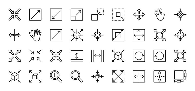 Scaling and resizing line icon set. Vector pictograms of zoom, arrows, hand pointer, and dimension tools, thin outline illustration.
