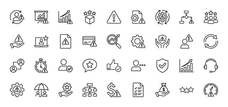Risk and problem management line icon set. Vector pictograms of warning, error, analytics, security, and assurance, thin outline illustration.