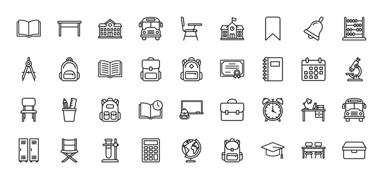 Education line icon set. Vector pictograms of book, microscope, school bus, globe, and calculator, thin outline illustration.
