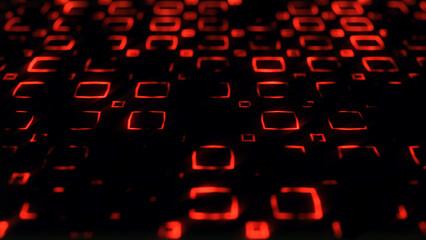 Abstract technology background of neon red square shapes with bokeh effect. Computer virus or internet system hacking concept. Computer virus attack, cybersecurity, software hacking. 
