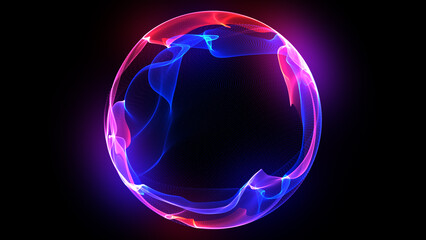 Neon futuristic 3d sphere in the Universe. Pink and blue energy orb. Virtual assistant concept. Bright glowing sphere background. Artificial Intelligence, technology, science. 