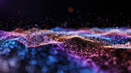 Abstract digital particles forming dynamic colorful waves flowing across dark background technology concept