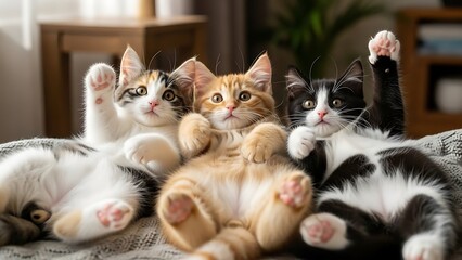 Three kittens lying on their backs with paws up in a playful pose on a soft blanket