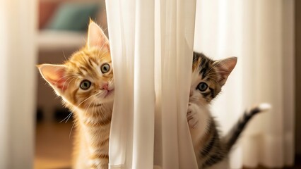 Two kittens peeking from behind a white curtain with curious and playful expressions