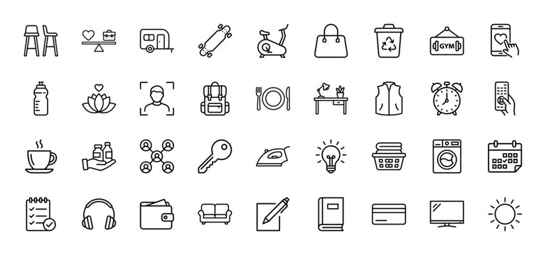 Lifestyle and household line icon set. Vector pictograms of furniture, travel, fitness, and daily objects, thin outline illustration.