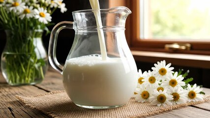 Fresh milk pouring into clear glass pitcher on rustic wooden table with daisy flowers